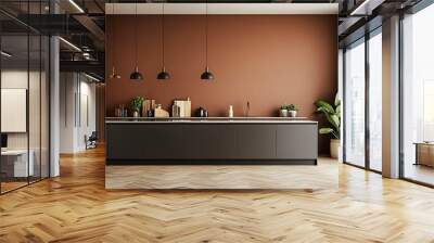 Modern kitchen interior with brown wall, wooden floor, and countertop with hanging lights. Wall mural