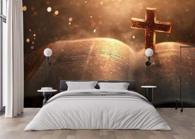 Open Bible with a golden cross, shining with light and dust particles. Wall mural