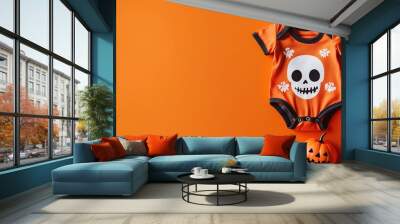 Orange baby onesie with skull design and pumpkins for Halloween on orange background. Wall mural