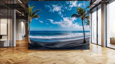 Palm trees lining a black sand beach with blue water and a clear sky. Wall mural