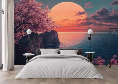 Pink cherry blossom tree and cliff overlooking the ocean at sunset. Wall mural