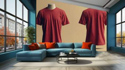 Red t-shirt mockup on a mannequin, front and back view. Wall mural