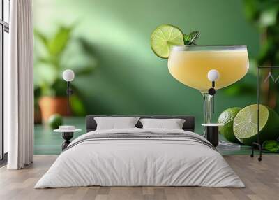 Refreshing yellow cocktail with lime garnish on a green background. Wall mural