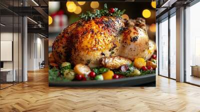 Roasted chicken with vegetables and cranberries on a black platter, festive bokeh lights in the background. Wall mural