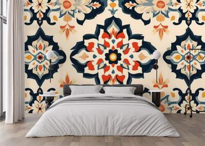 Seamless pattern with traditional floral and geometric motifs in a vibrant color palette. Wall mural