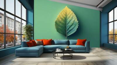 Single green and yellow leaf on a green background. Wall mural