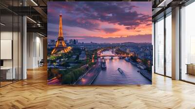 The  Tower and cityscape at sunset, with the Seine River flowing through the city. Wall mural