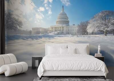 The US Capitol Building covered in fresh snow with a bright blue sky and sun shining. Wall mural