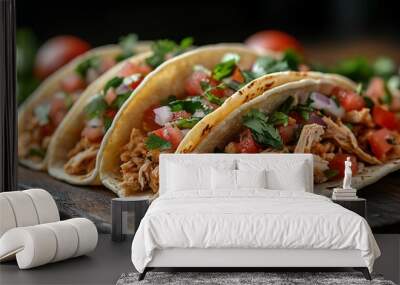 Three chicken tacos with cilantro, tomato, and onion on a wooden board. Wall mural