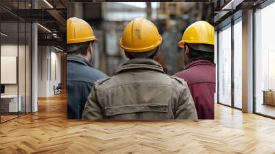 Three construction workers wearing yellow hard hats walk in a row, from behind, on a construction site. Wall mural