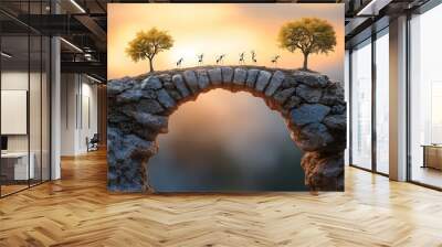 Tiny ants walk across a stone arch bridge connecting two small trees in a beautiful sunset. Wall mural