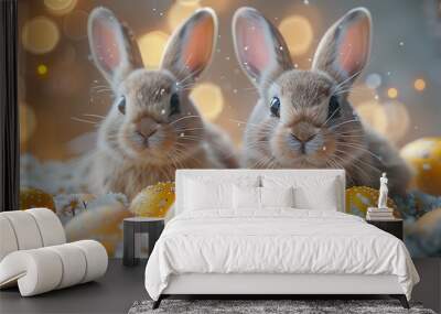 Two adorable brown bunnies with curious expressions sit among golden Easter eggs on a bed of white flowers. Wall mural