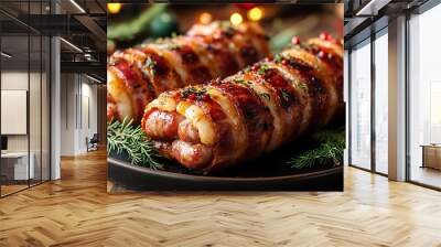 Two bacon-wrapped sausages on a plate with sprigs of rosemary and peppercorns, ready for a festive meal. Wall mural