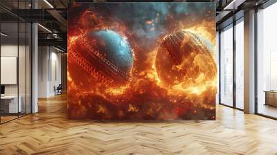 Two cricket balls engulfed in flames and smoke, symbolizing intense competition. Wall mural