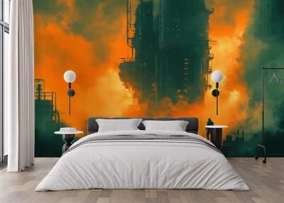 Two figures stand in front of a large, futuristic, industrial building shrouded in smoke and orange light. Wall mural