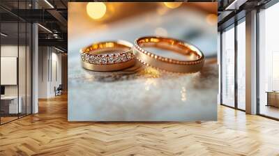 Two gold wedding bands, one with diamonds, on white surface. Wall mural