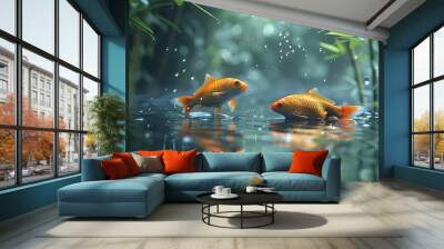 Two golden fish leaping from the water with bamboo in the background. Wall mural