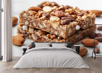 Two granola bars with nuts and white chocolate on a white background. Wall mural