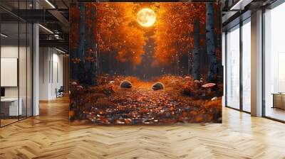 Two hedgehogs walk through a moonlit forest path with autumn leaves and mushrooms. Wall mural