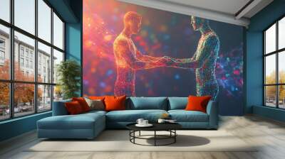 Two men standing with hands clasped, composed of brightly colored particles on a dark background with bokeh lights. Wall mural