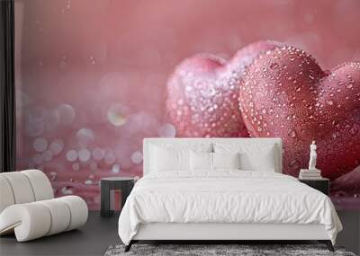 Two pink heart-shaped objects covered in water droplets on a pink background with bokeh. Wall mural