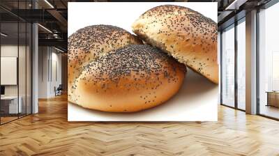 Two poppy seed rolls, one sliced in half, isolated on white. Wall mural