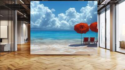 Two red umbrellas and chairs on a sandy beach with turquoise ocean and blue sky with puffy white clouds. Wall mural