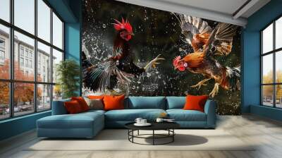 Two roosters clash in a flurry of water droplets, a dynamic display of primal energy. Wall mural