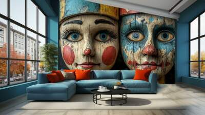 Two vintage wooden clown puppets with painted faces and large eyes, looking directly at the camera. Wall mural