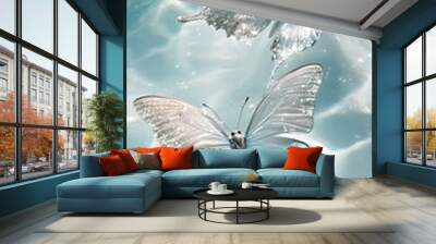 Two white butterflies with shimmering wings float on the surface of a clear blue pool. Wall mural