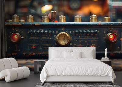 Vintage audio amplifier with glowing red buttons and dials on a wooden table. Wall mural