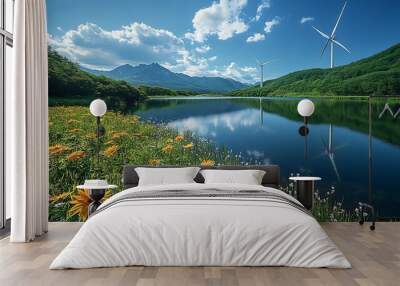 Wind turbines stand tall over a tranquil lake, with mountains in the background and a field of wildflowers in the foreground. Wall mural