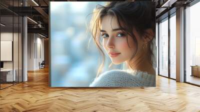 Young woman with brown hair looking over her shoulder, smiling, with soft natural light coming from behind her. Wall mural