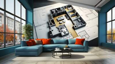 3d modelled building pops up over the 2 dimensional floor plan drawing. Shallow dept of field. Created with generative AI technology. Wall mural