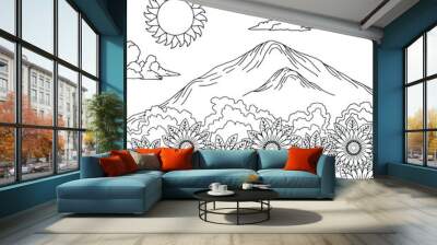 Vector Outline Coloring Page Summer Landscape with sun flower Wall mural