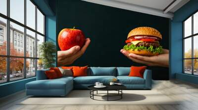 healthy food vs fast food on hand, food choose  Wall mural