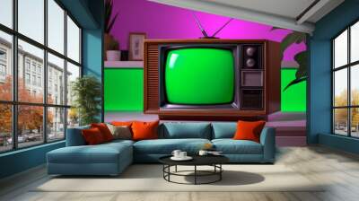 mock-up vintage television illustration with green screen key frame, old  scene Wall mural