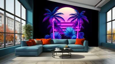 tropical tree with neon colour on dark Wall mural