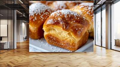 Brioche bread with pearl sugar topping, close-up shot highlighting its buttery texture and caramelized sweetness Wall mural