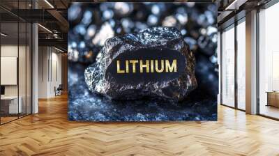 Raw lithium ore with labeled sign, critical for battery production and renewable energy. Industrial resource concept Wall mural