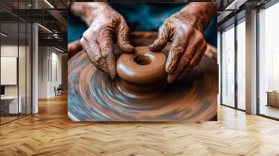 Skilled artisan shaping a traditional earthenware pot on a potter's wheel in a vibrant workshop studio. Handmade ceramics concept Wall mural