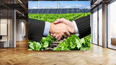 Two people shaking hands in a field of green crops symbolizes a partnership in sustainable agriculture and renewable energy initiatives. Agriculture concept Wall mural