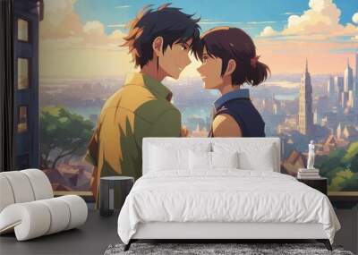 an Indian boy and girl discussing with each other while smiling kindly in a city with anime and cartoon style Wall mural