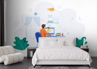 Student do online education, hear to the tutor in the computer. e-learning concept. Business worker work from home. Male with computer illustration concept. Vector Wall mural