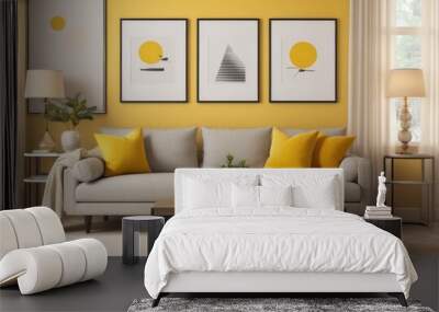 Beige sofa with yellow pillows and two side tables with lamps against vibrant yellow wall with poster frame. Classic home interior design of modern living room Wall mural