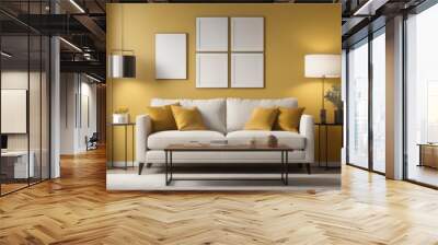 Beige sofa with yellow pillows and two side tables with lamps against vibrant yellow wall with poster frame. Classic home interior design of modern living room Wall mural