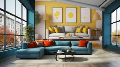 Beige sofa with yellow pillows and two side tables with lamps against vibrant yellow wall with poster frame. Classic home interior design of modern living room Wall mural