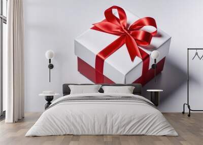 Gift box tied with red ribbon isolated on white background. image seen in the center and top Wall mural