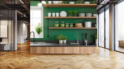 Green wall paneling with wooden shelves in the kitchen space Wall mural