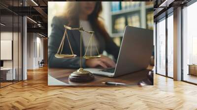 Happiness, laptop and typing professional woman, advocate or government lawyer reading feedback reviews. Corporate research, law firms and business lawyers working on legal project development plans Wall mural